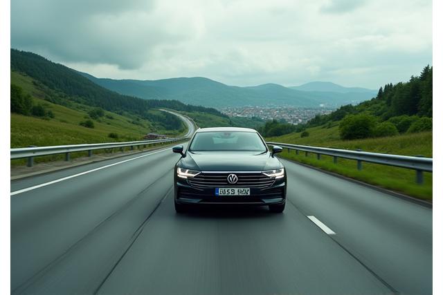 Auto jedoucí po udržované české silnici s výhledem na malebnou krajinu.